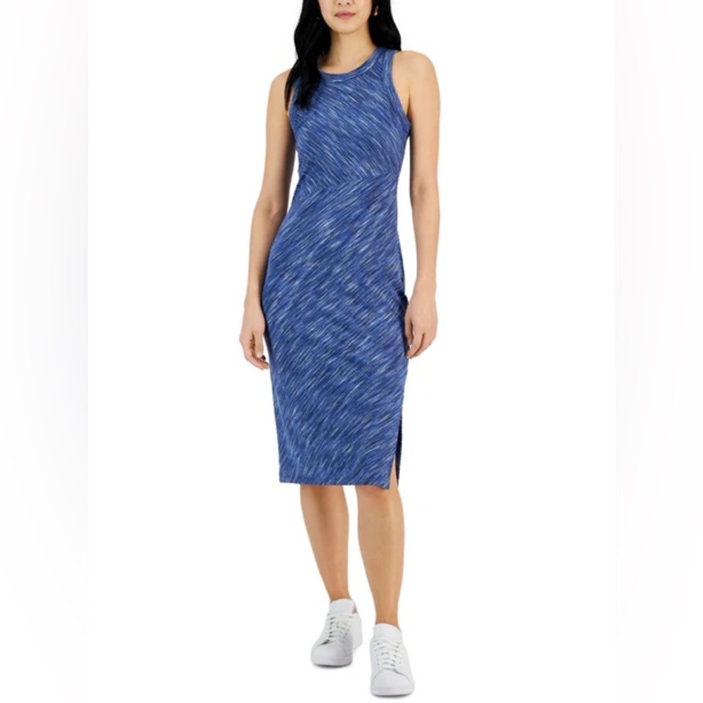 NWT INC Marled Blue Ribbed Knit Sleeveless Midi Dress, Women's XS